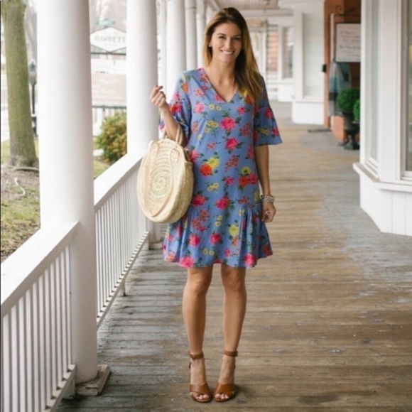 Ann Taylor Shift Dress Blue Floral Flounce Size 2 - Picture 2 of 12